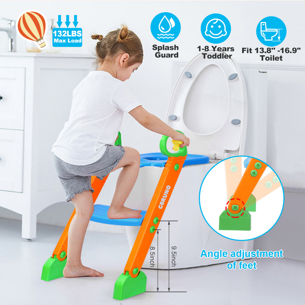 Potty Training Toilet Seat w/ Steps Stool Ladder For Children Baby Foldable Splash Guard Toilet Trainer Chair Anti-slip Feet Pedal Handle 132LBS Max L