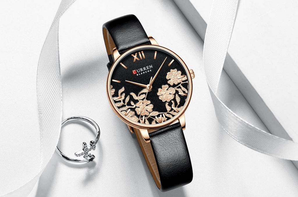 Womens Elegant Waterproof Clock With Decoupage Flower Details In Variant With Leather And Stainless Steel Knitted Belts