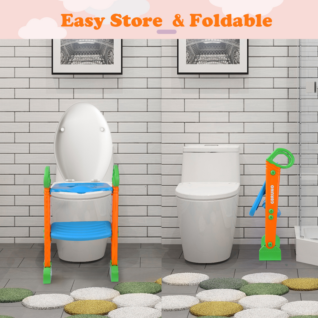 Potty Training Toilet Seat w/ Steps Stool Ladder For Children Baby Foldable Splash Guard Toilet Trainer Chair Anti-slip Feet Pedal Handle 132LBS Max L