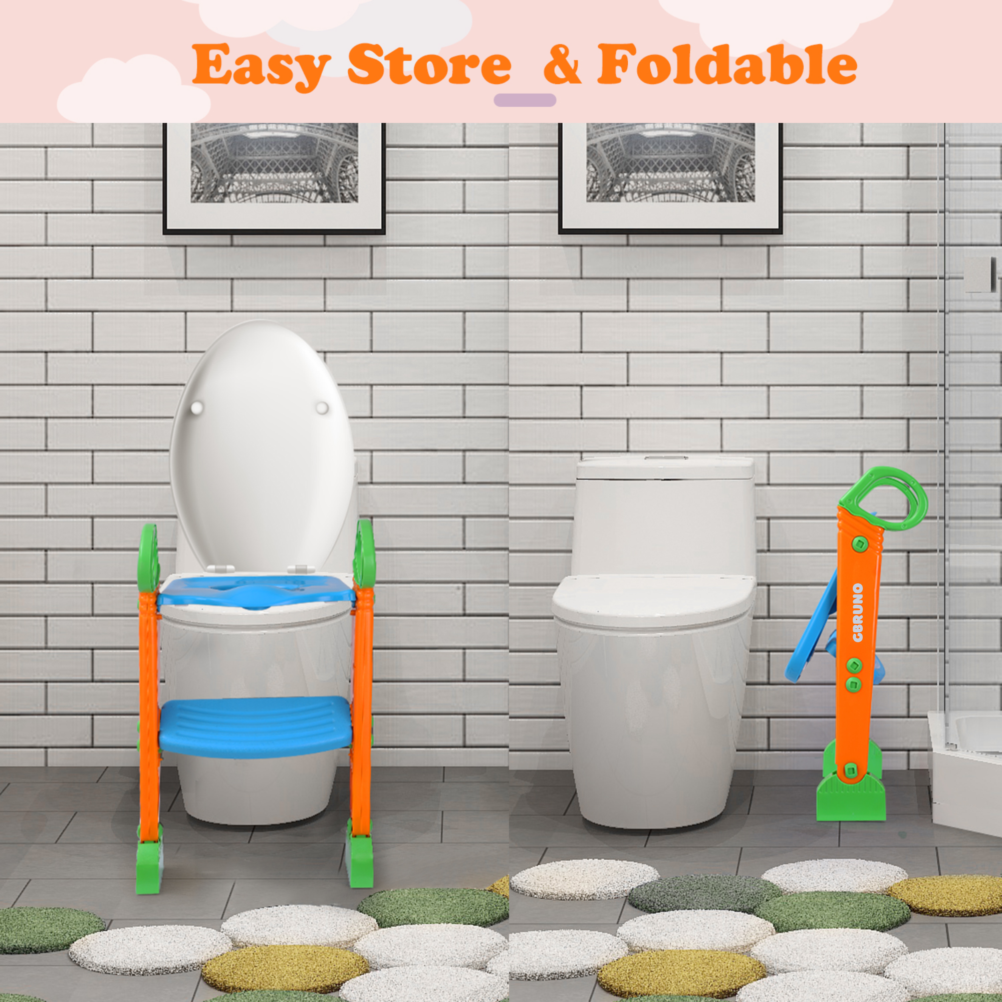 Potty Training Toilet Seat w/ Steps Stool Ladder For Children Baby Foldable Splash Guard Toilet Trainer Chair Anti-slip Feet Pedal Handle 132LBS Max L