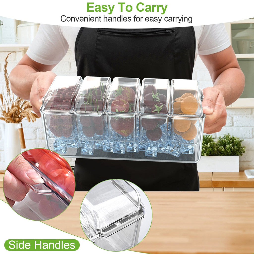 Ice Chilled Condiment Caddy Serving Tray Container Bar Garnish Holder Salad Platter Server Food Storage with 5 Removable Containers 5 Lids 2 Tongs 5 S