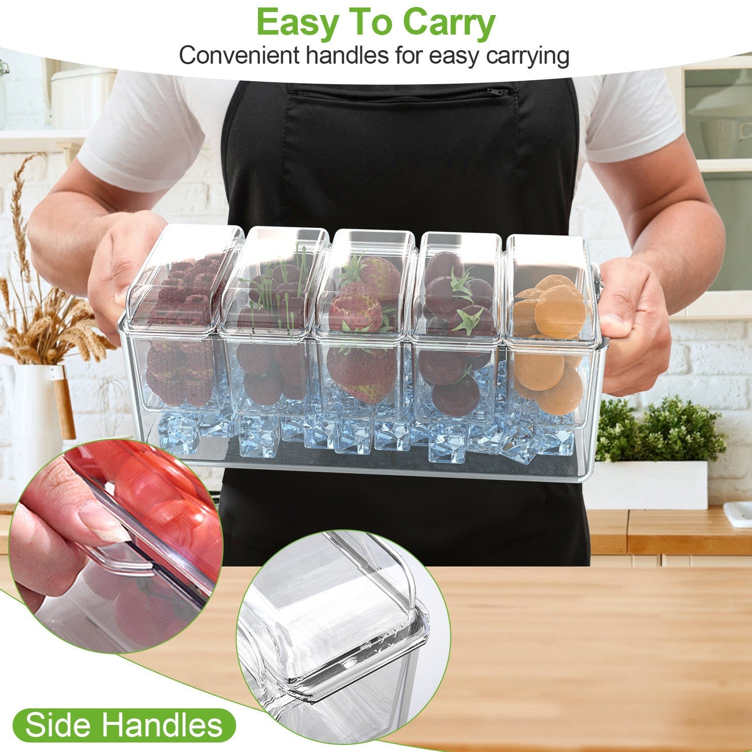 Ice Chilled Condiment Caddy Serving Tray Container Bar Garnish Holder Salad Platter Server Food Storage with 5 Removable Containers 5 Lids 2 Tongs 5 S