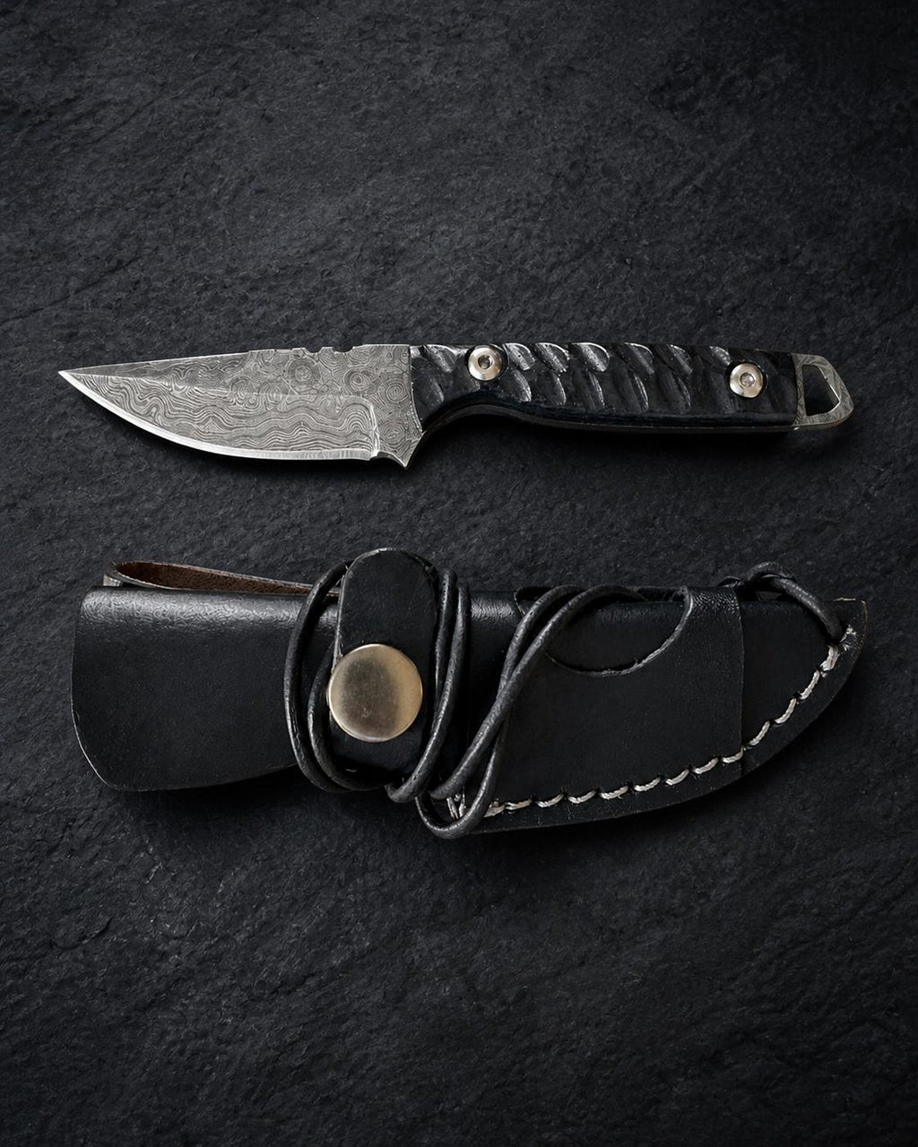 Titan "Shadow Scale" Damascus Hunting Knife | Drop-Point Blade | Carved Black Micarta Handle | Black Leather Sheath TK-516