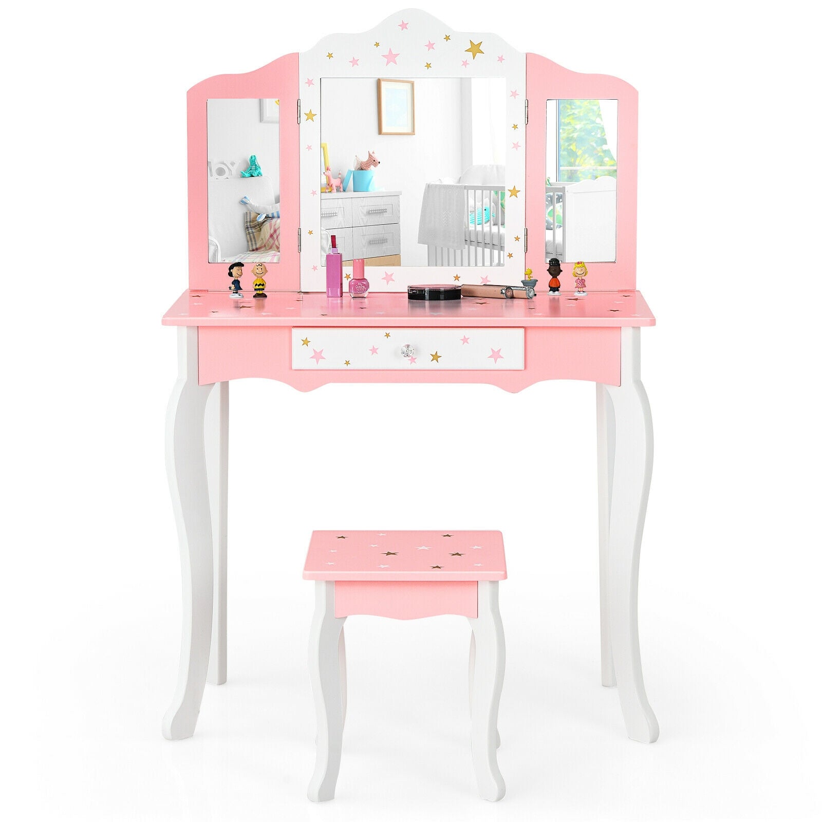 Kids Princess Vanity Table and Stool Set with Tri-folding Mirror and Drawer-Pink