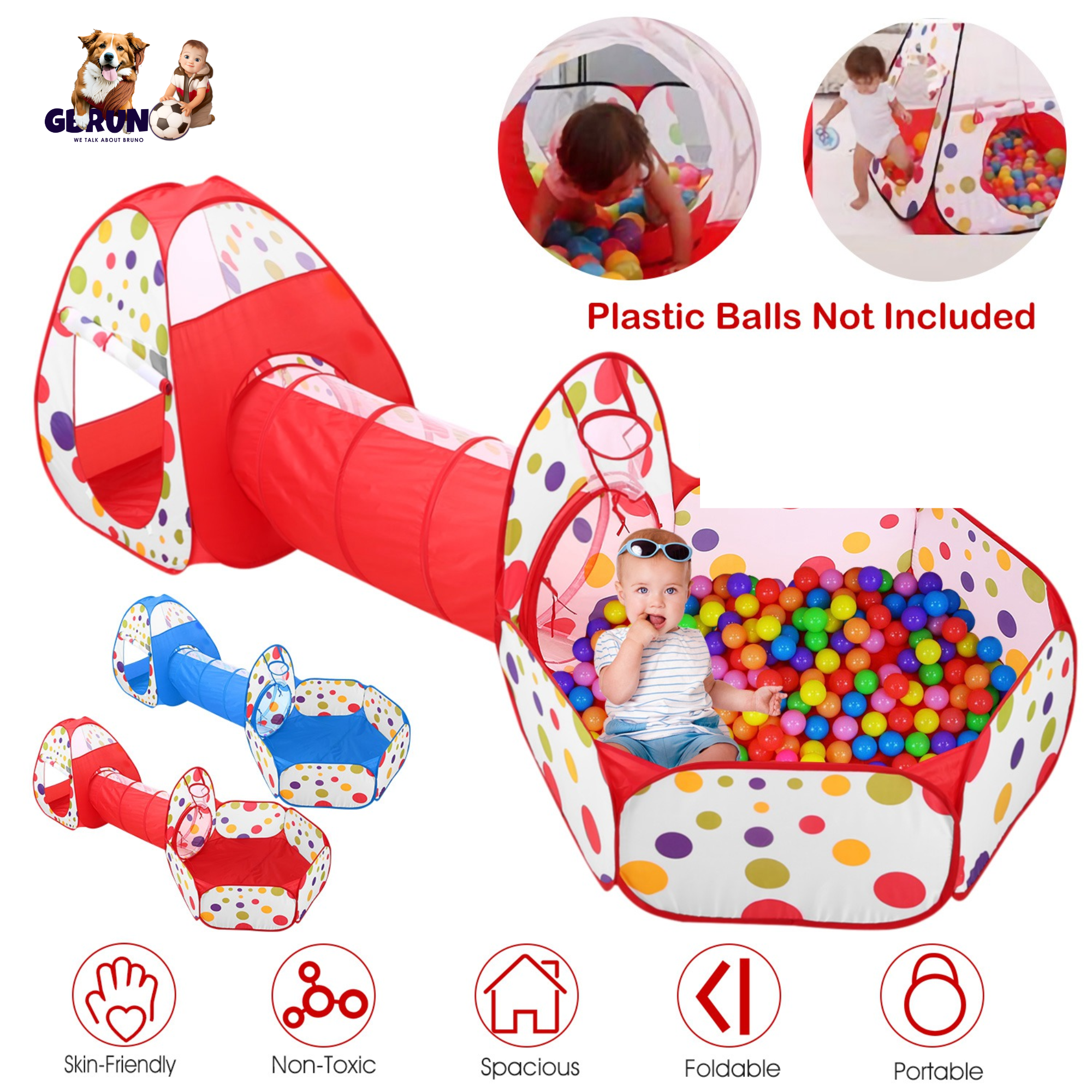 3 In 1 Child Crawl Tunnel Tent Kids Play Tent Ball Pit Set Foldable Children Play House Pop-up Kids Tent w/Storage Bag for Indoor Outdoor Travel Use