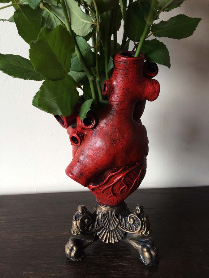 Anatomical Heart Vase, Red Finish | Unique Gothic Home Decor | Resin Sculpture Flower Vase, Medical Gift and Gothic Home Decor