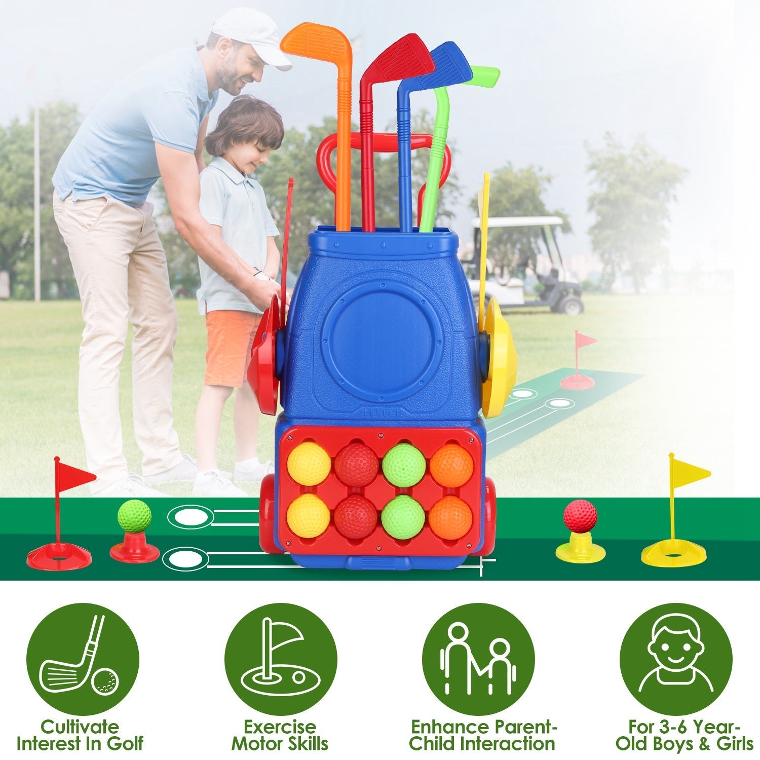 Toddler Golf Clubs Set Kids Golf Kits Toddler Golf Ball Game Play Set Golf Game with 4 Golf Sticks 8 Golf Balls 2 Golf Holes 1 Golf Mat for 3-6 Year O