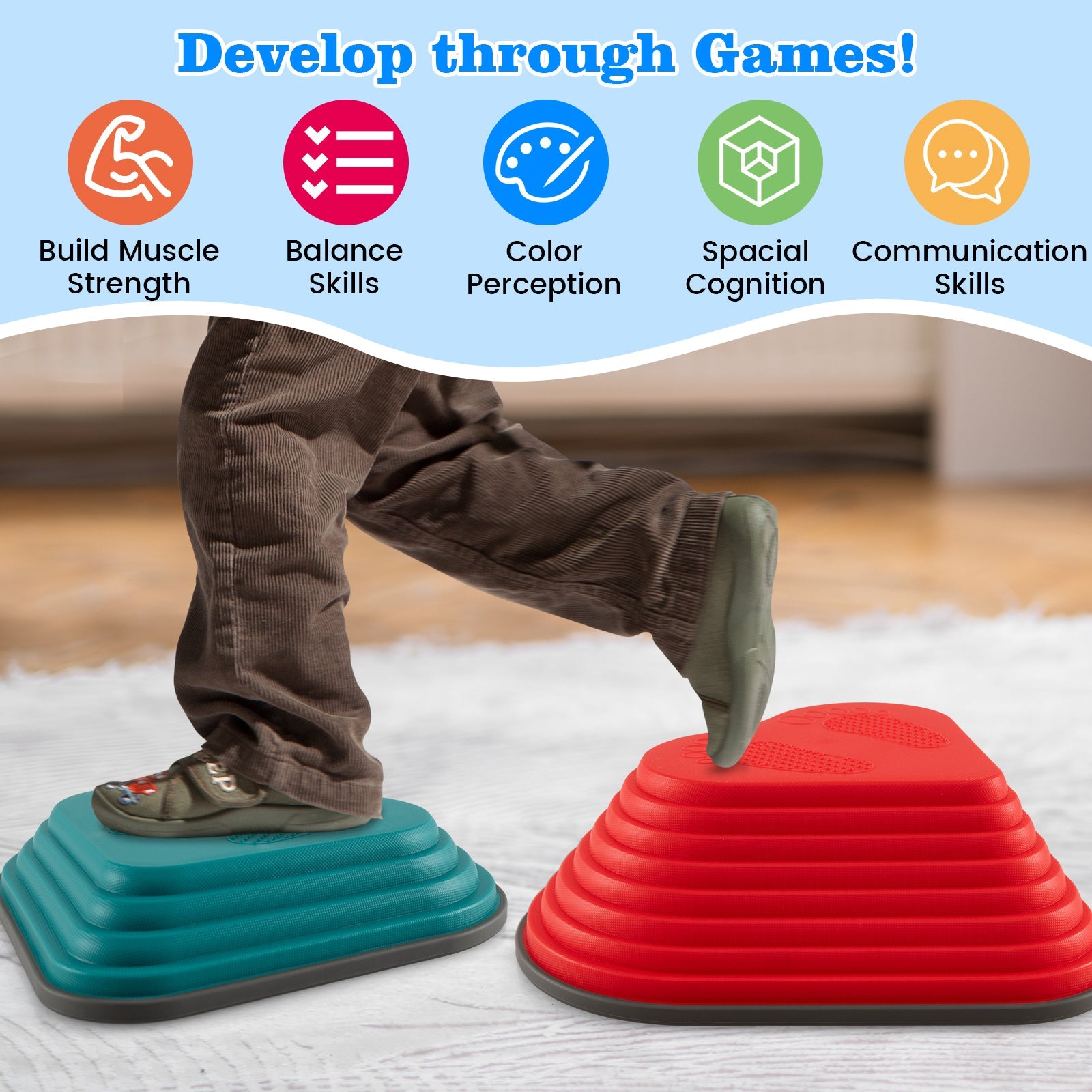11 Pieces Kids Stepping Stones Stackable Balance Blocks Indoor Outdoor-Multicolor