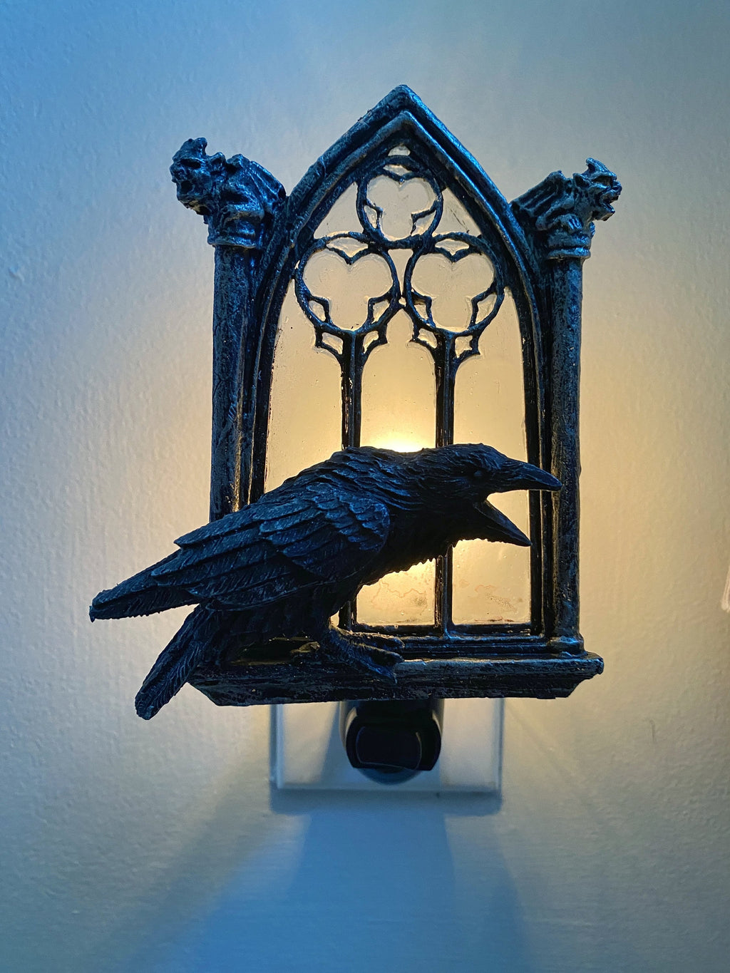 Raven and Window Nightlight, Hand Painted Resin Sculpture | Medieval Gothic Night Light | Poe’s Raven Lighting for Gothic Fantasy Home Decor