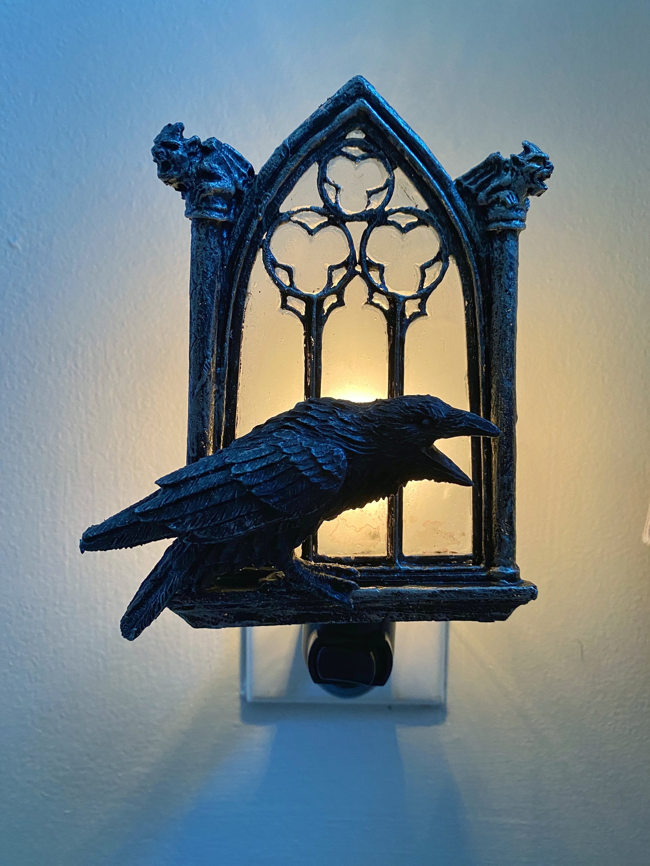Raven and Window Nightlight, Hand Painted Resin Sculpture | Medieval Gothic Night Light | Poe’s Raven Lighting for Gothic Fantasy Home Decor
