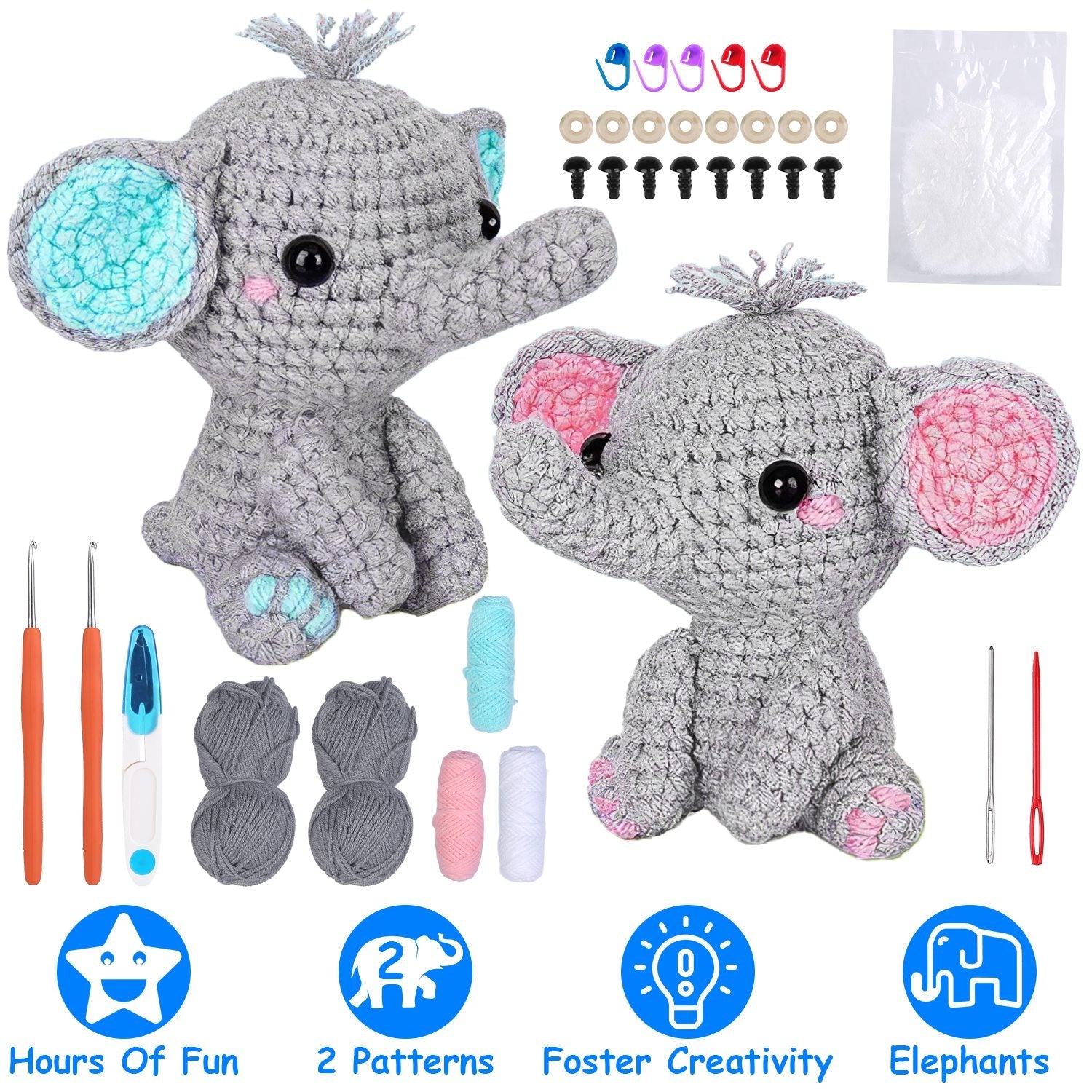 Elephant Crochet Kit Crochet Kit for Beginners DIY Knitting Supplies for Kids Adults 2 Types of Elephants