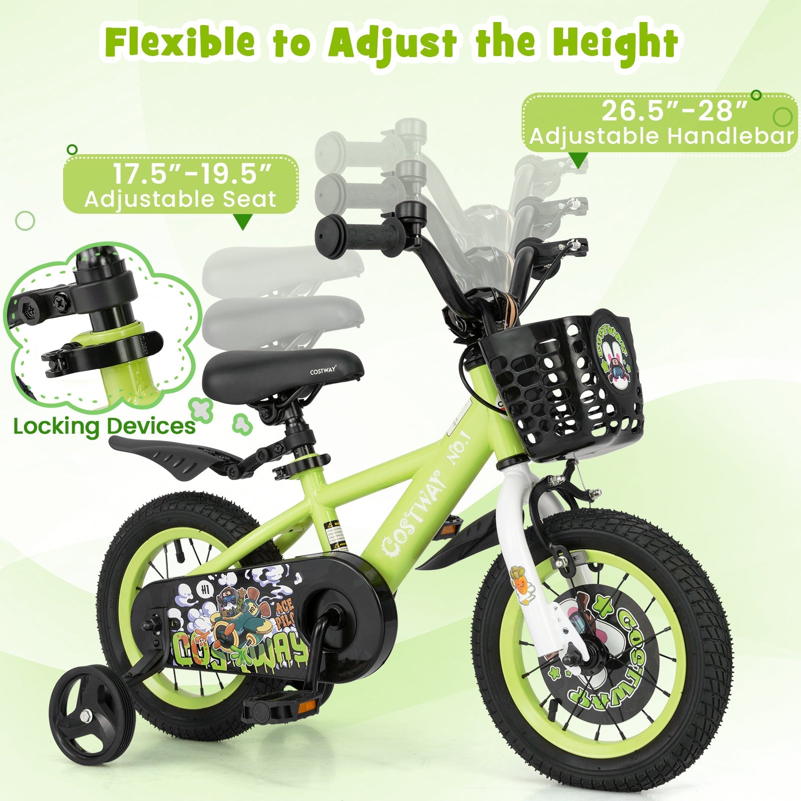 12 Inch Kids Bike Adjustable with Detachable Training Wheels for 3-4 Years Old-12 inches