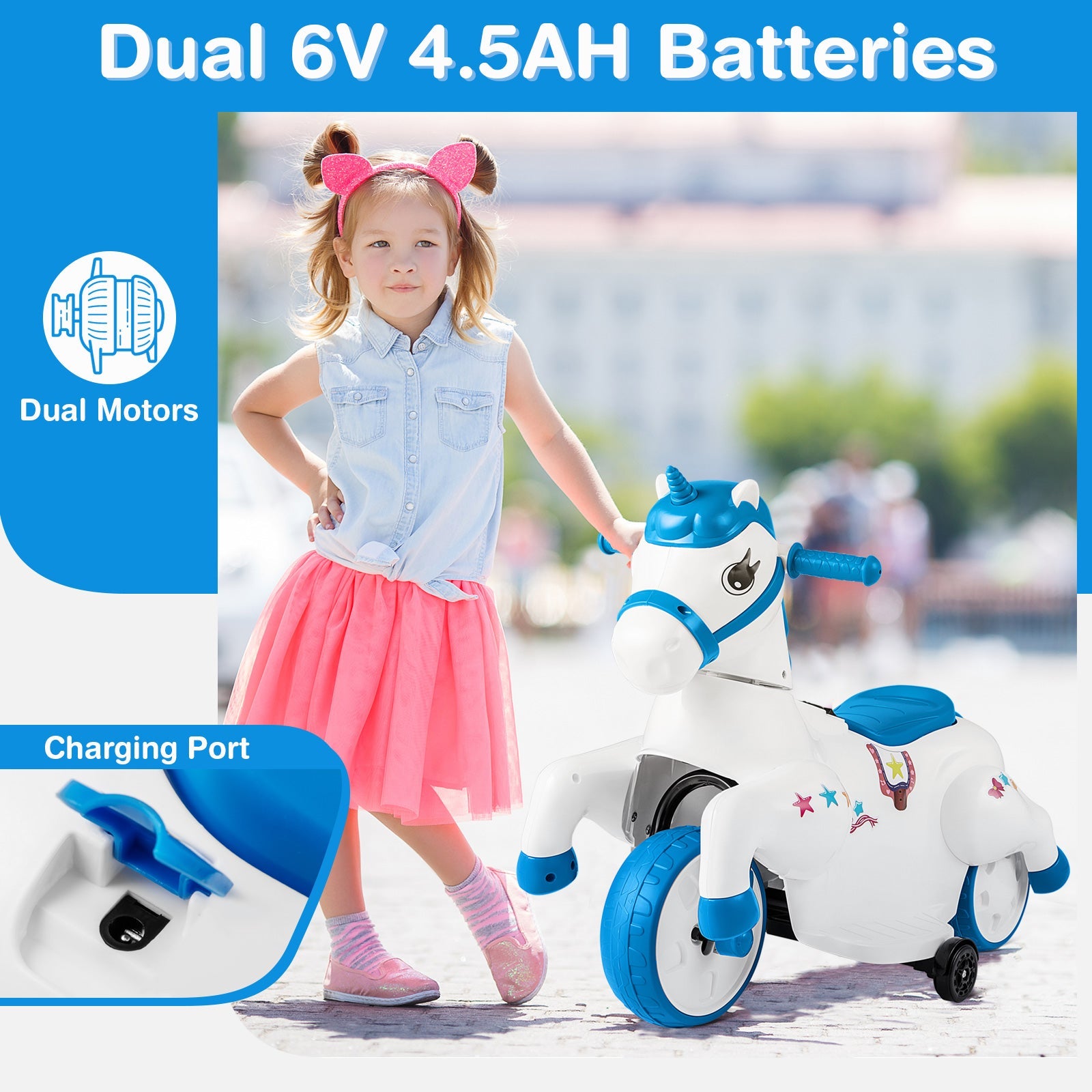 12V Unicorn Ride on Toy with Training Wheels and Horse Riding Mode-Navy
