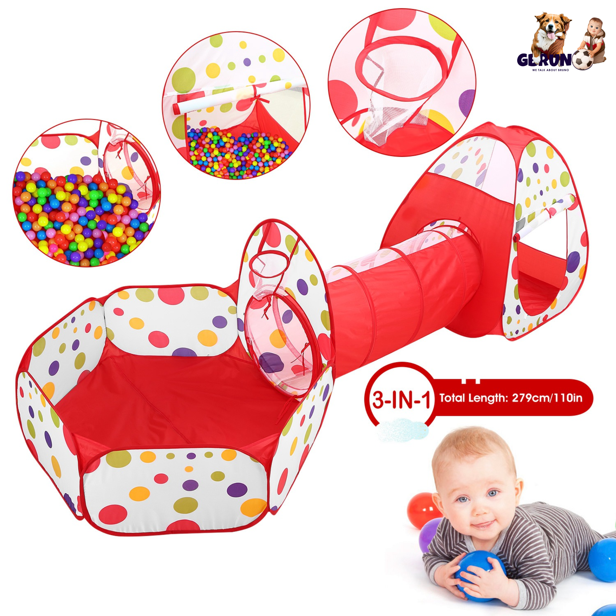 3 In 1 Child Crawl Tunnel Tent Kids Play Tent Ball Pit Set Foldable Children Play House Pop-up Kids Tent w/Storage Bag for Indoor Outdoor Travel Use