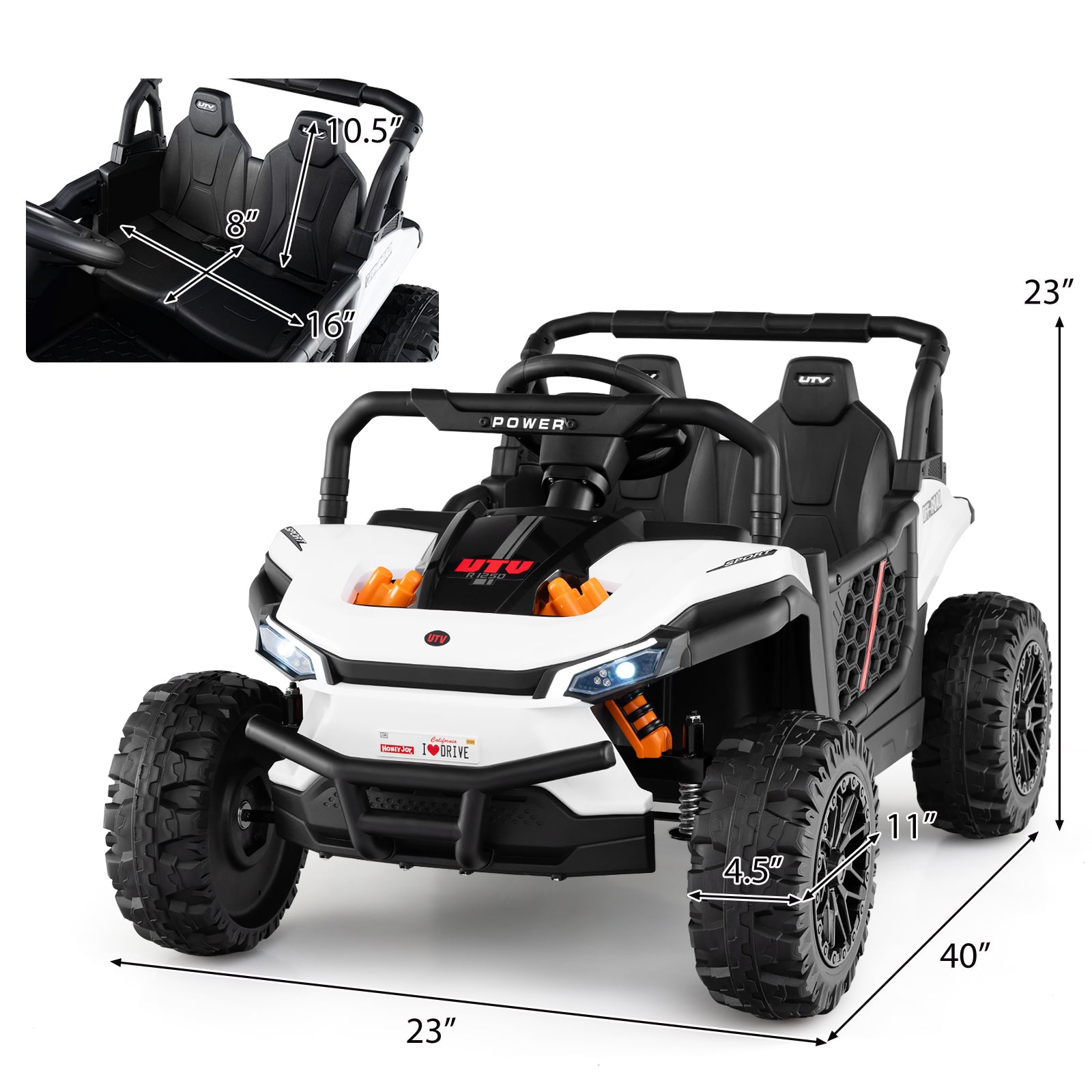 12V Kids Ride on Truck Off-Road UTV with Parental Remote and Lights-White