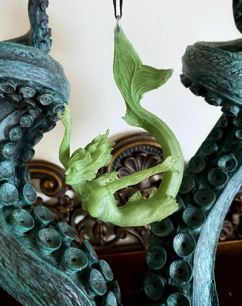 Mermaid Ornament, Hand Painted Resin Sculpture, Jade Finish| Mythical Creature Figurine|Unique Legendary Mermaid Fantasy Art Holiday Decor