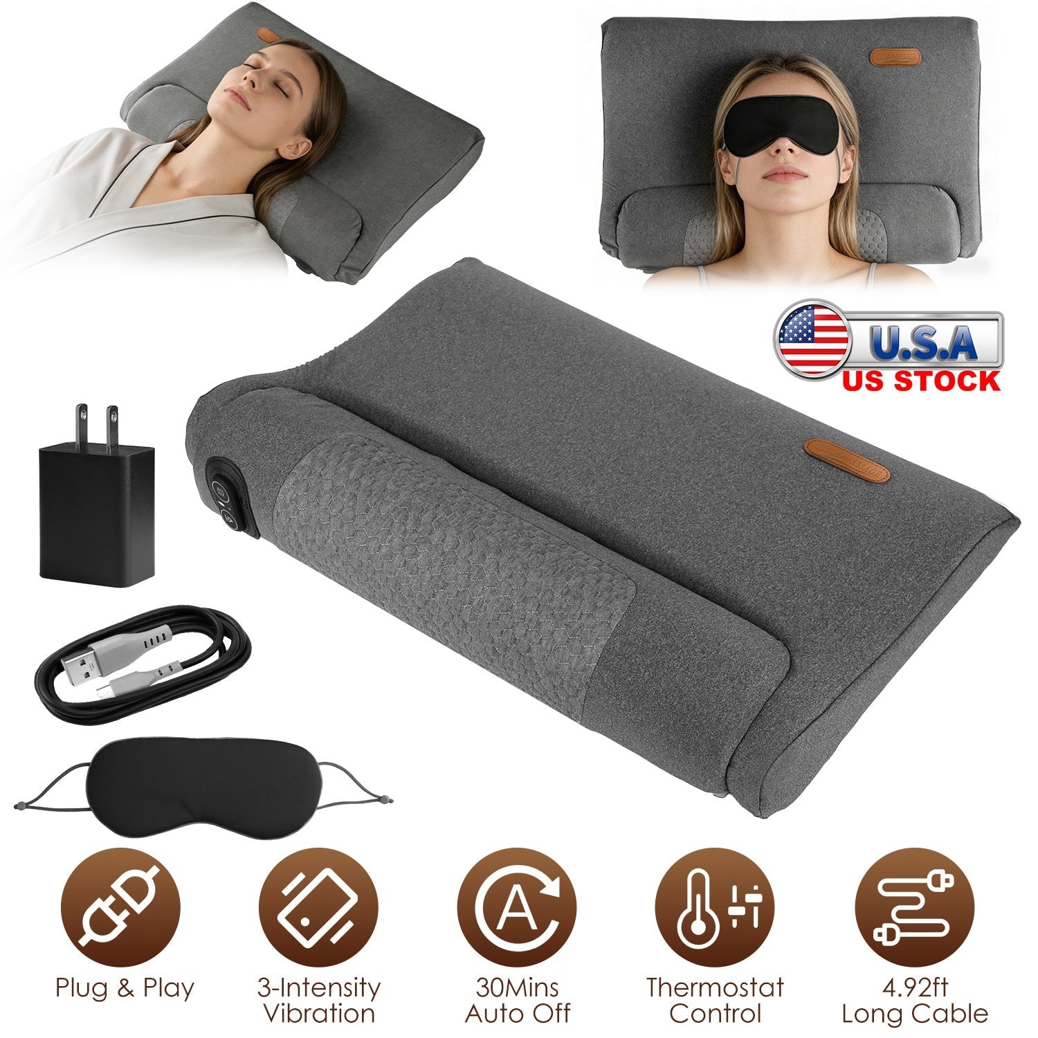 Neck Massager Pillow Ergonomic Massager Memory Foam Pillow with 3-Level Heating 3-Intensity Vibration 30Min Timer for Neck Back Shoulder Pain Relief