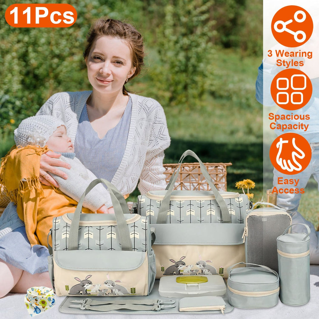 11PCS Baby Diaper Bag Set – Multifunctional with Bottle & Food Bags