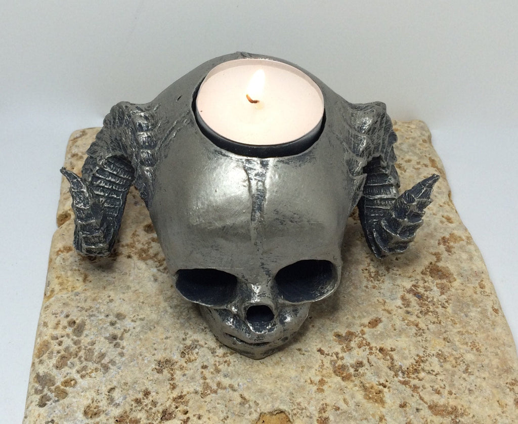 Satyr Fetal Skull Tea Light Holder, Hand Sculpted Resin Sculpture |Spooky Gothic Demon Skull Candle for Halloween Gift and Gothic Home Decor