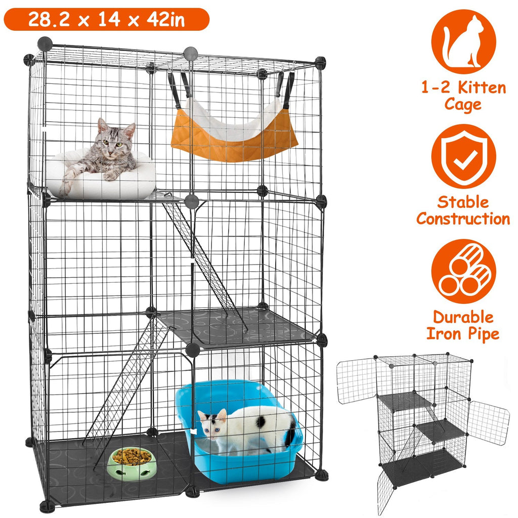 3 Tier Cat Playpen Cage Metal Indoor Cat House Detachable Kitten House with 3 Doors 2 Ladders Large Cat Exercise Place for 1-2 Cats Black