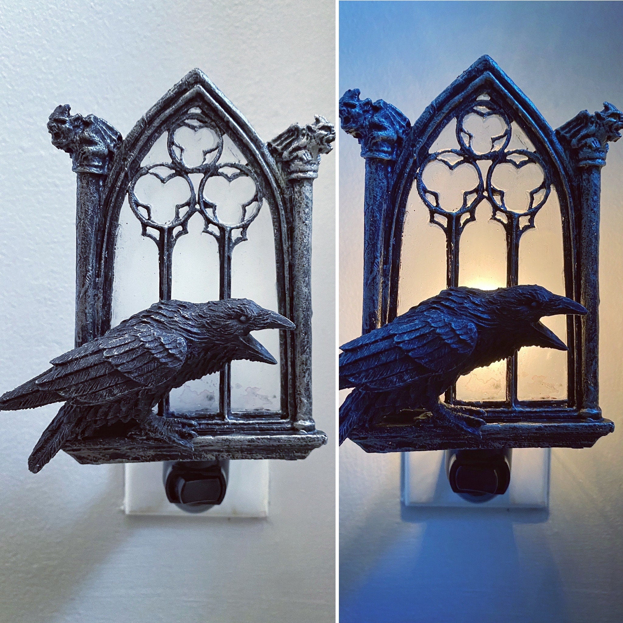 Raven and Window Nightlight, Hand Painted Resin Sculpture | Medieval Gothic Night Light | Poe’s Raven Lighting for Gothic Fantasy Home Decor