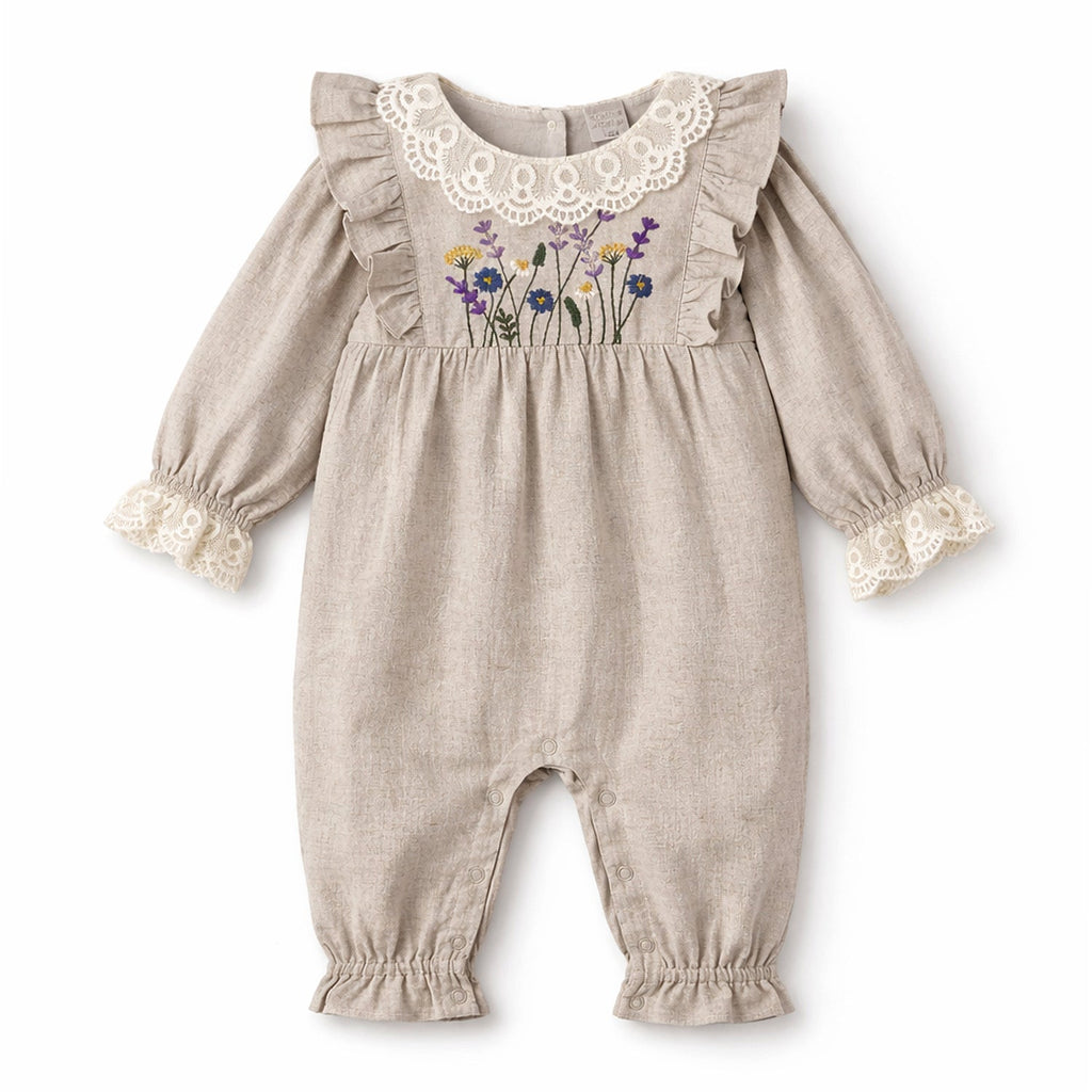 Embroidered Wildflower Linen Baby Romper With Lace Trim