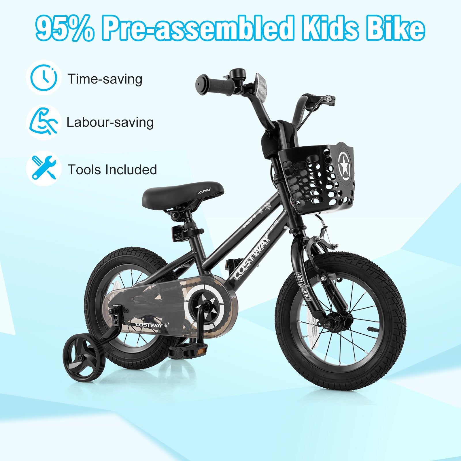 14 Inch Kids Bike with Basket and Training Wheels for Children Aged 4-5 Years Old