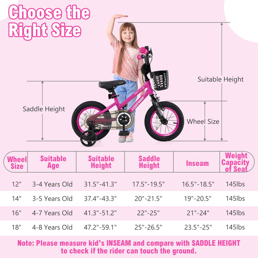 14 Inch Kids Bike Adjustable Bicycle with Front Basket for Children Aged 4-5 Years Old