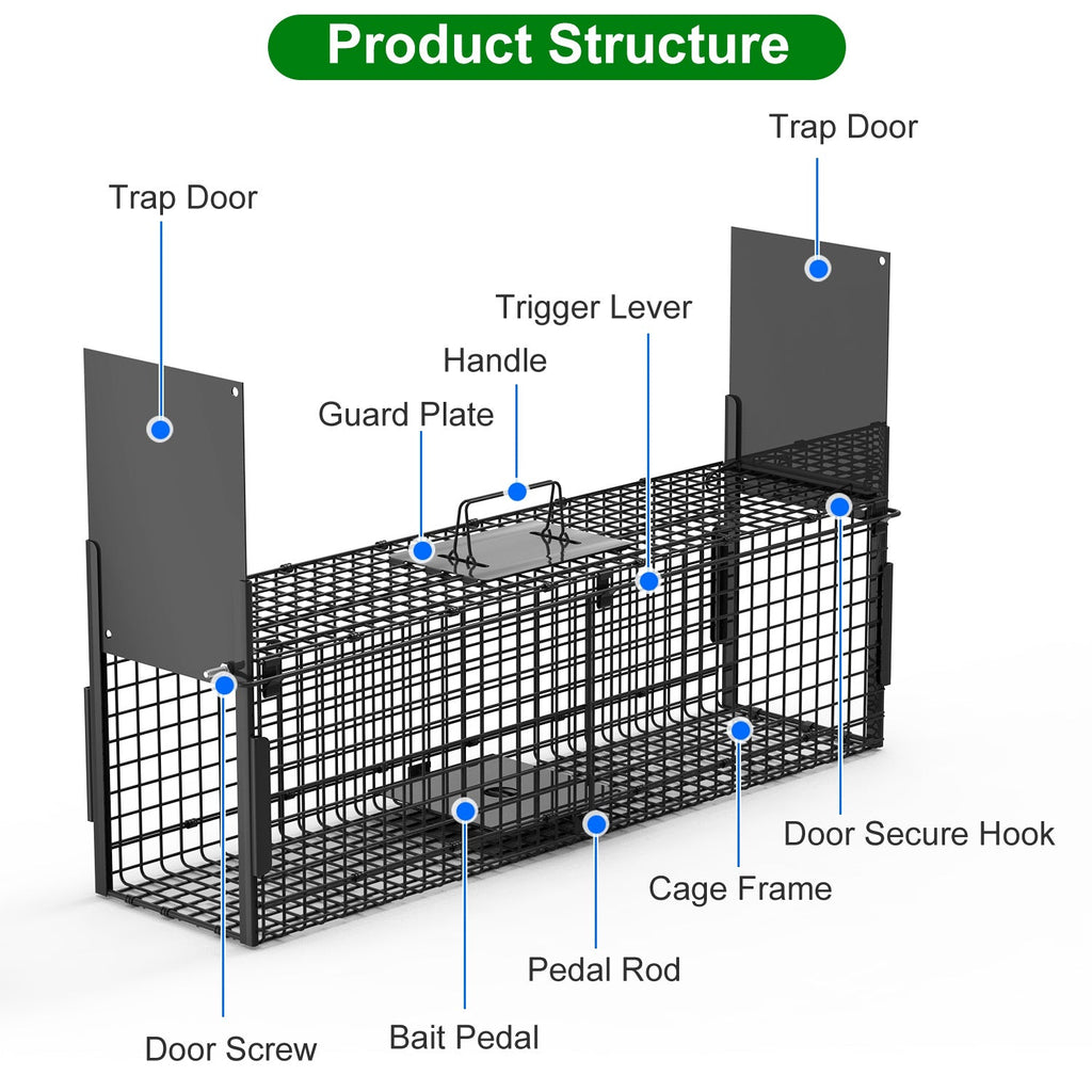 32in 2 Door Live Animal Cage Trap For Animals Under 12LBS Easy To Setup Humane Galvanized Iron Trap Cage For Rabbits Groundhogs Skunk Opossums Nutria