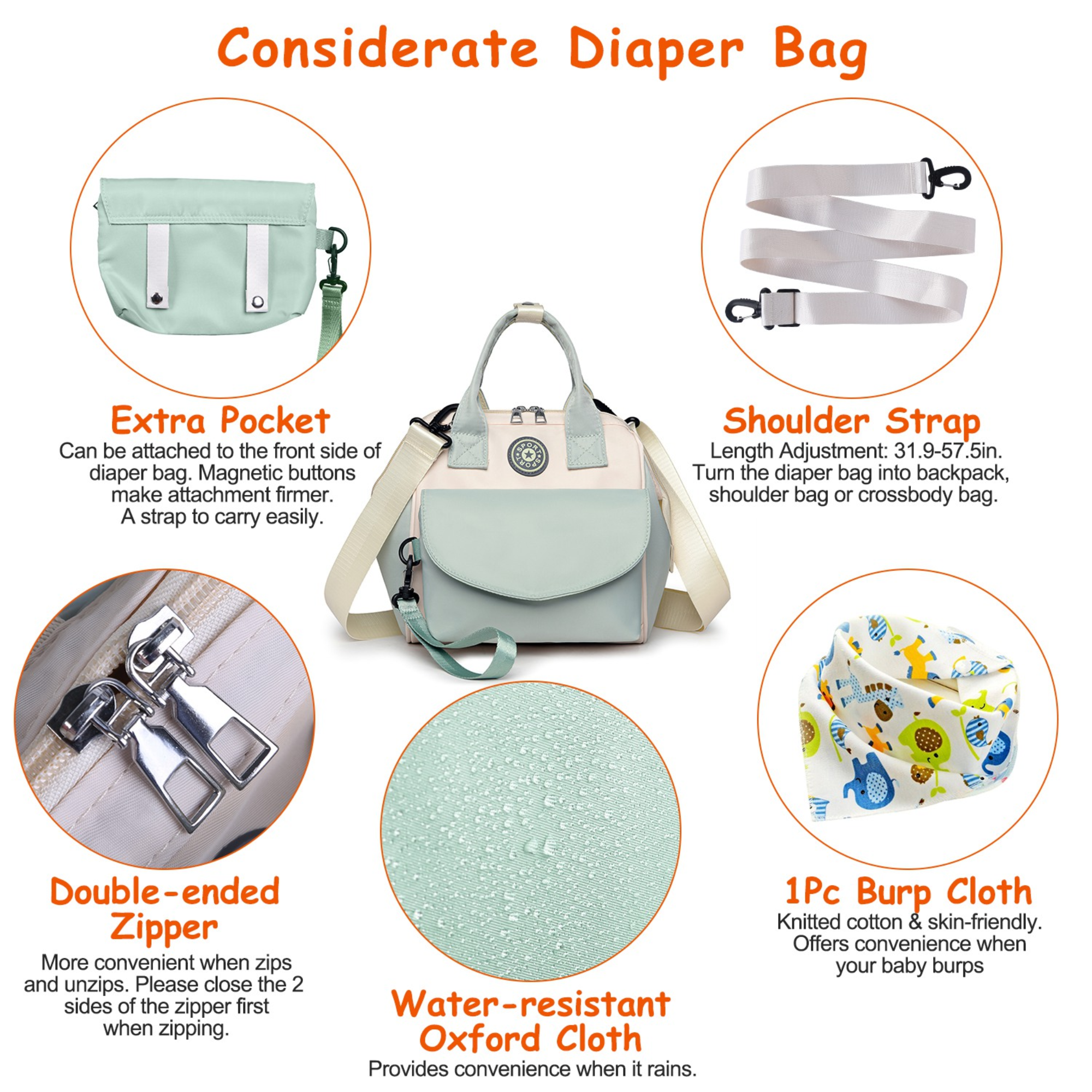 Baby Nappy Diaper Bag with 6 Pockets Burp Cloth Adjustable Shoulder Strap Detachable Small Bag Multifunctional Diaper Changing Bag with 2 Insulated Po