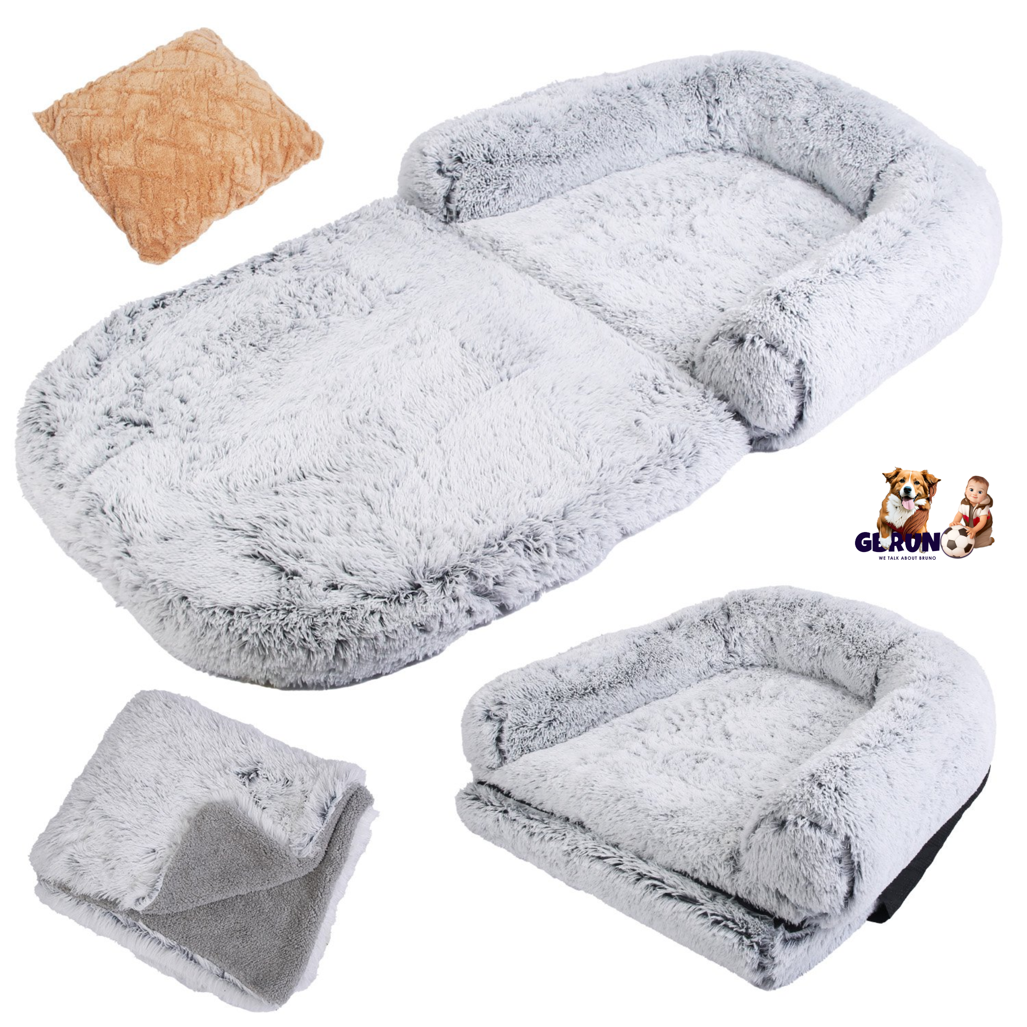 Large Foldable Human Size Dog Bed With Pillow Blanket Flurry Plush Napping Human-Sized Dog Bed Machine Washable Zipped Removable Cover For Pets Kids A
