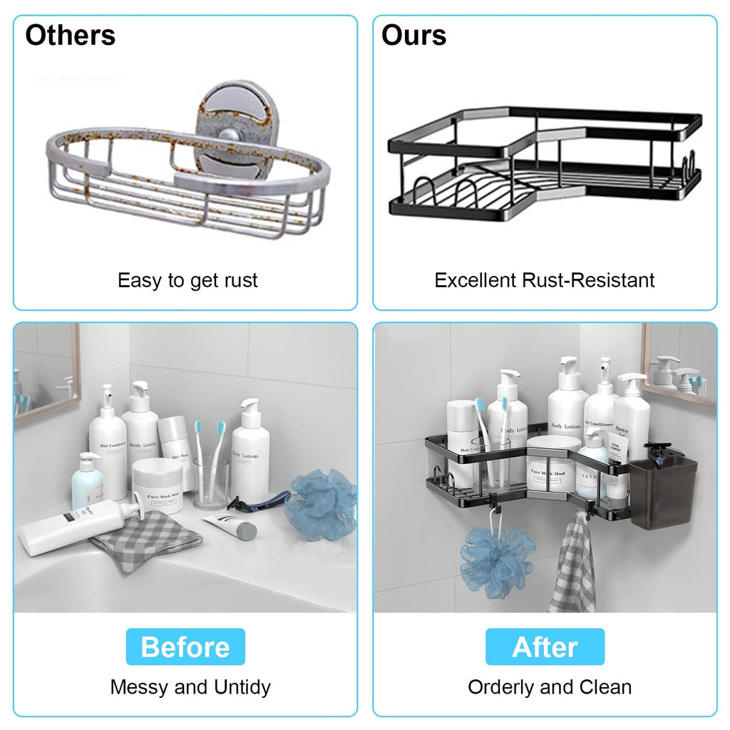2Pcs Corner Shower Caddy Anti-Rust Soap Holder Hanging Hook No Drilling Adhesive Shower Organizer Corner Shelves Bathroom Kitchen