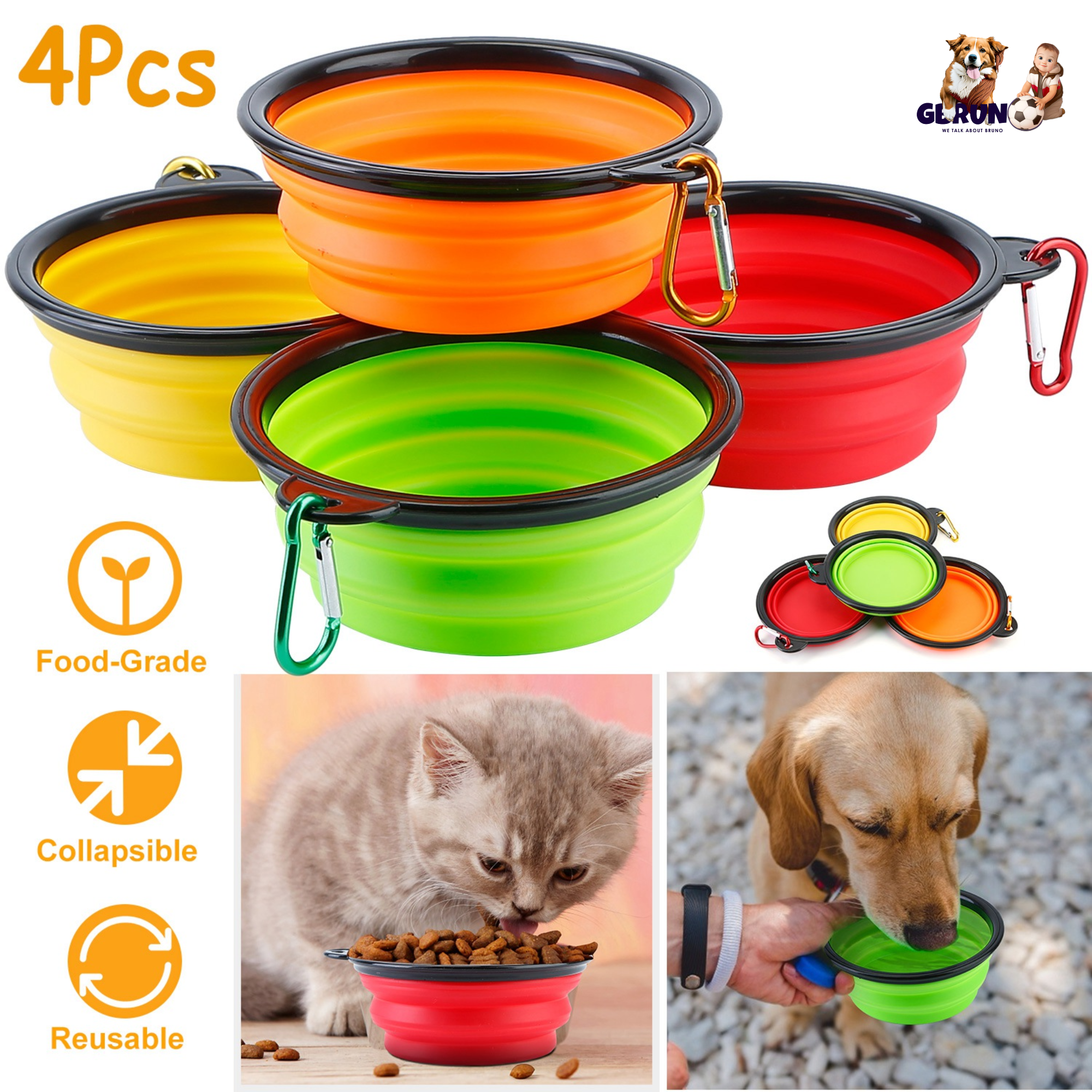 4Pcs Silicone Collapsible Dog Bowls BPA Free Travel Dog Bowl Foldable Cat Dog Food Water Bowl w/ Carabiner Clip For Traveling Walking Hiking
