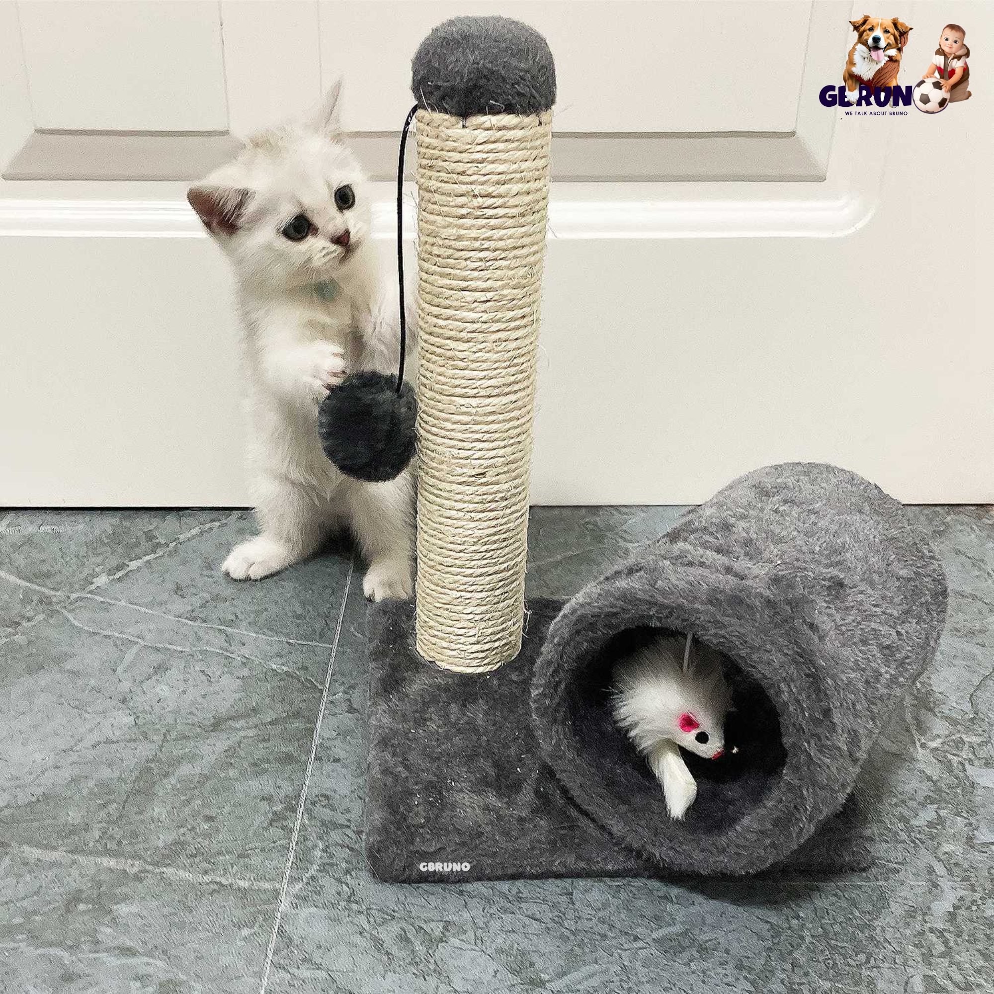 Cat Scratching Post Cat Kitten Sisal Scratch Post Toy w/ Tunnel & Lifelike Mouse Toy Pet Activity Play Fun