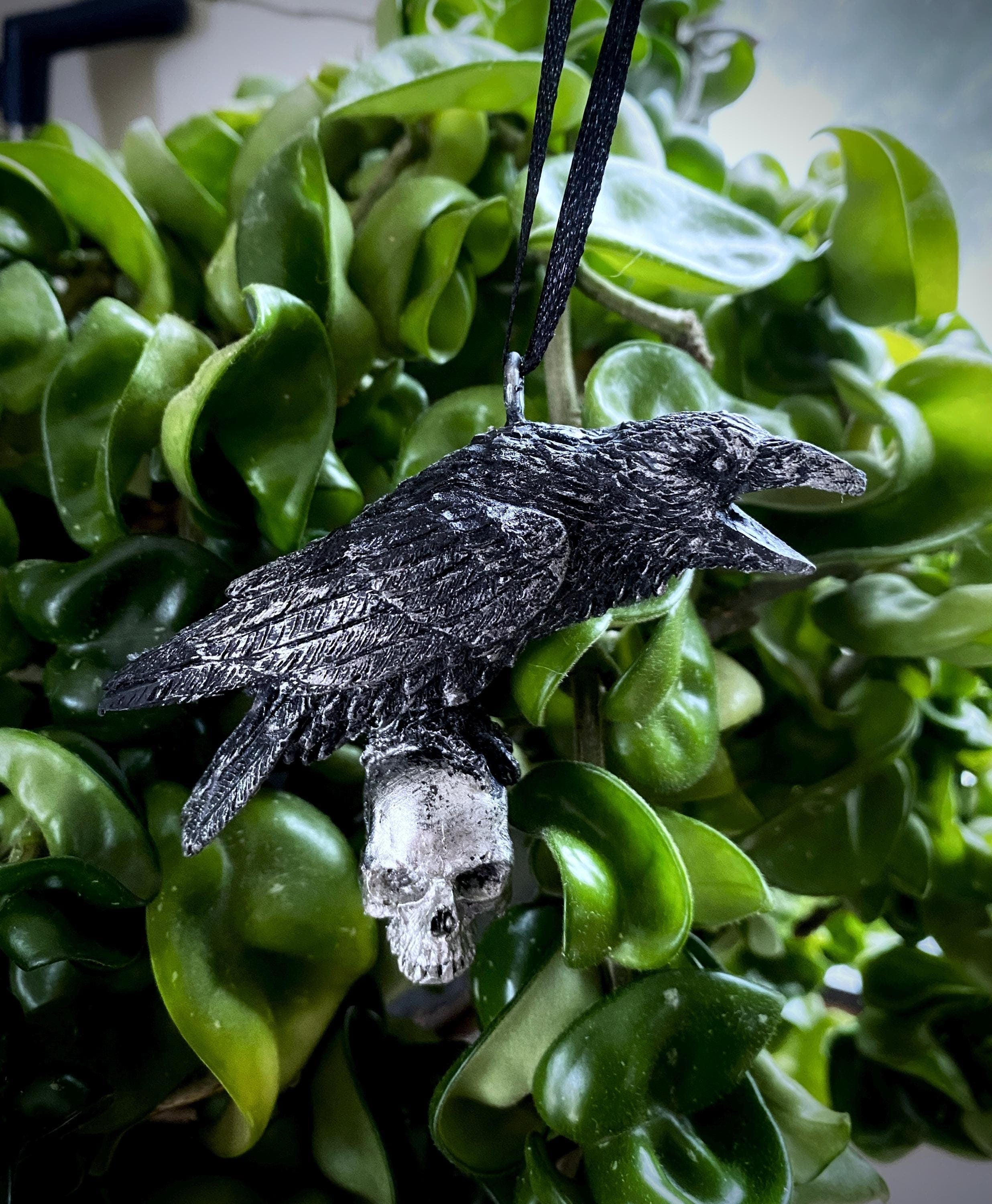 Raven Perched on Skull Ornament | Unique Gothic Home Decor | Resin Sculpture Poe's Raven, Literary Ornament Gift and Gothic Holiday Decor