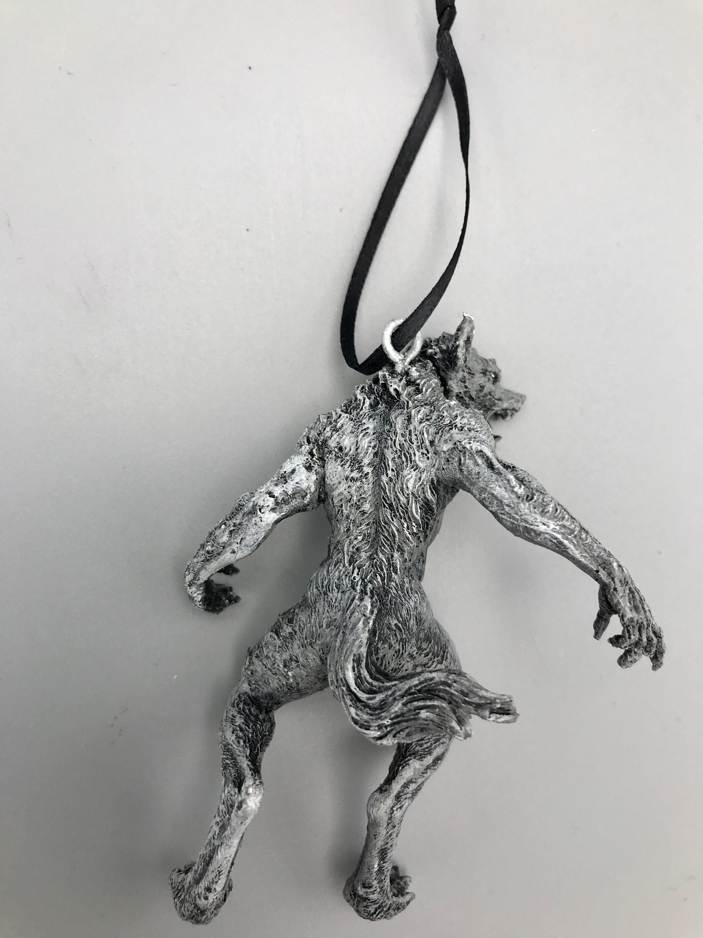 Werewolf Ornament, Grayscale, Hand Painted Resin Sculpture | Gothic Halloween Legendary Monster | Dark Folklore for Spooky Holiday Ornament