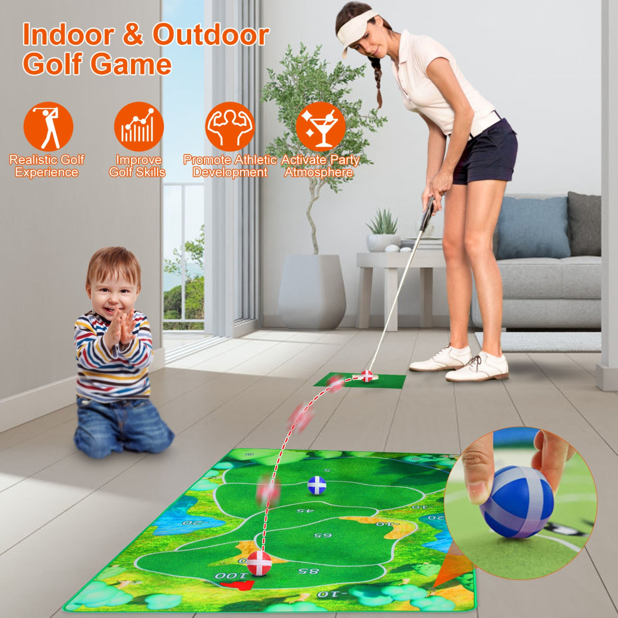 Golf Game Set Golf Game Training Mat Chipping Mat 20Pcs Sticky Golf Balls Indoor Outdoor Golf Practice Mat For Kids Party Family Gathering