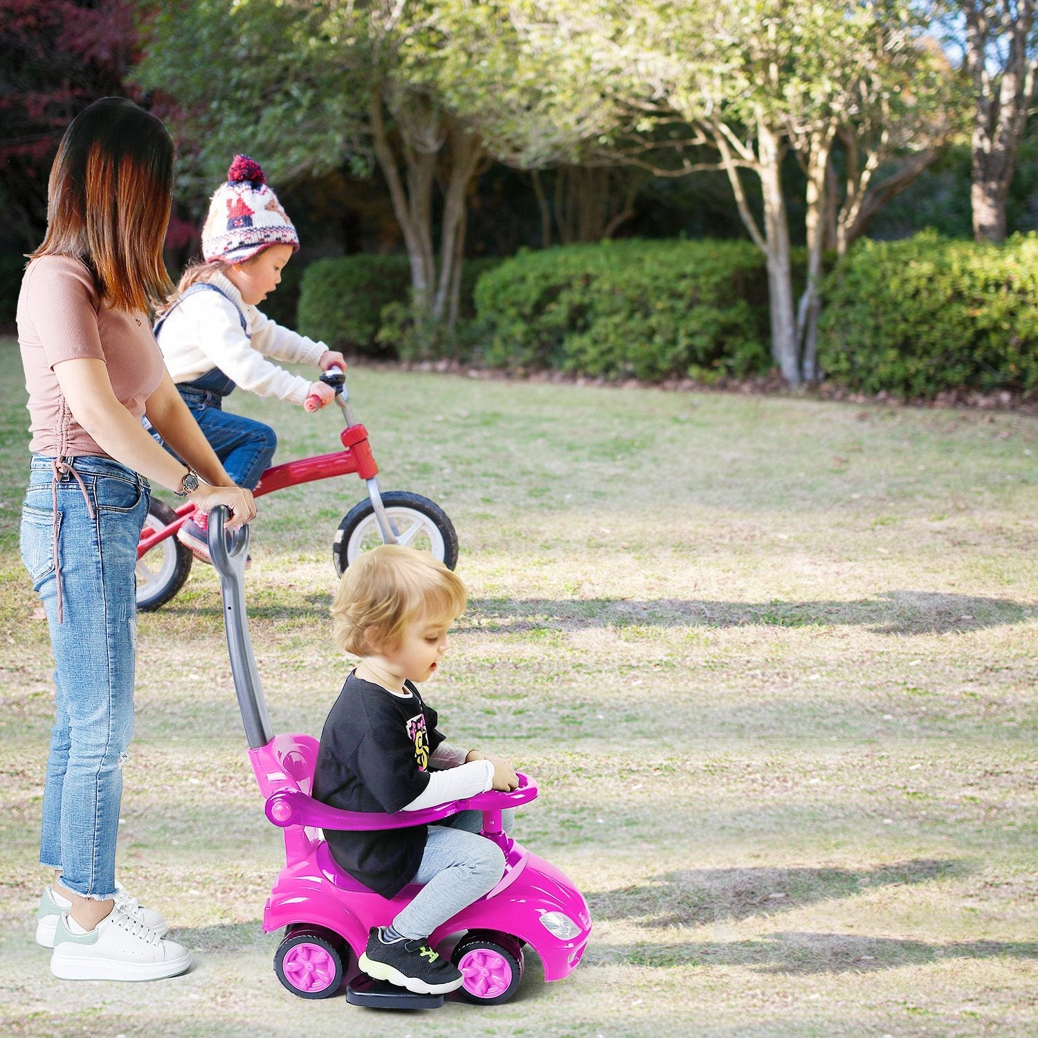 Ride on Push Car 4-Wheel Children Sliding Push Car W/ Colorful Flashing Light Music Handrail Guardrail Push Rod