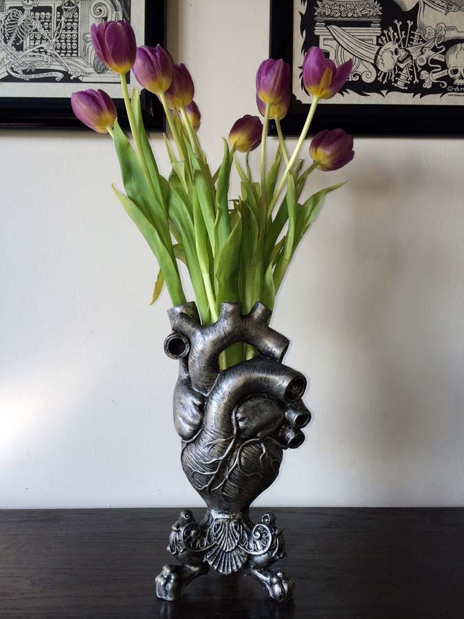 Anatomical Heart Vase, Pewter Finish | Unique Gothic Home Decor | Resin Sculpture Flower Vase, Medical Gift and Gothic Home Decor