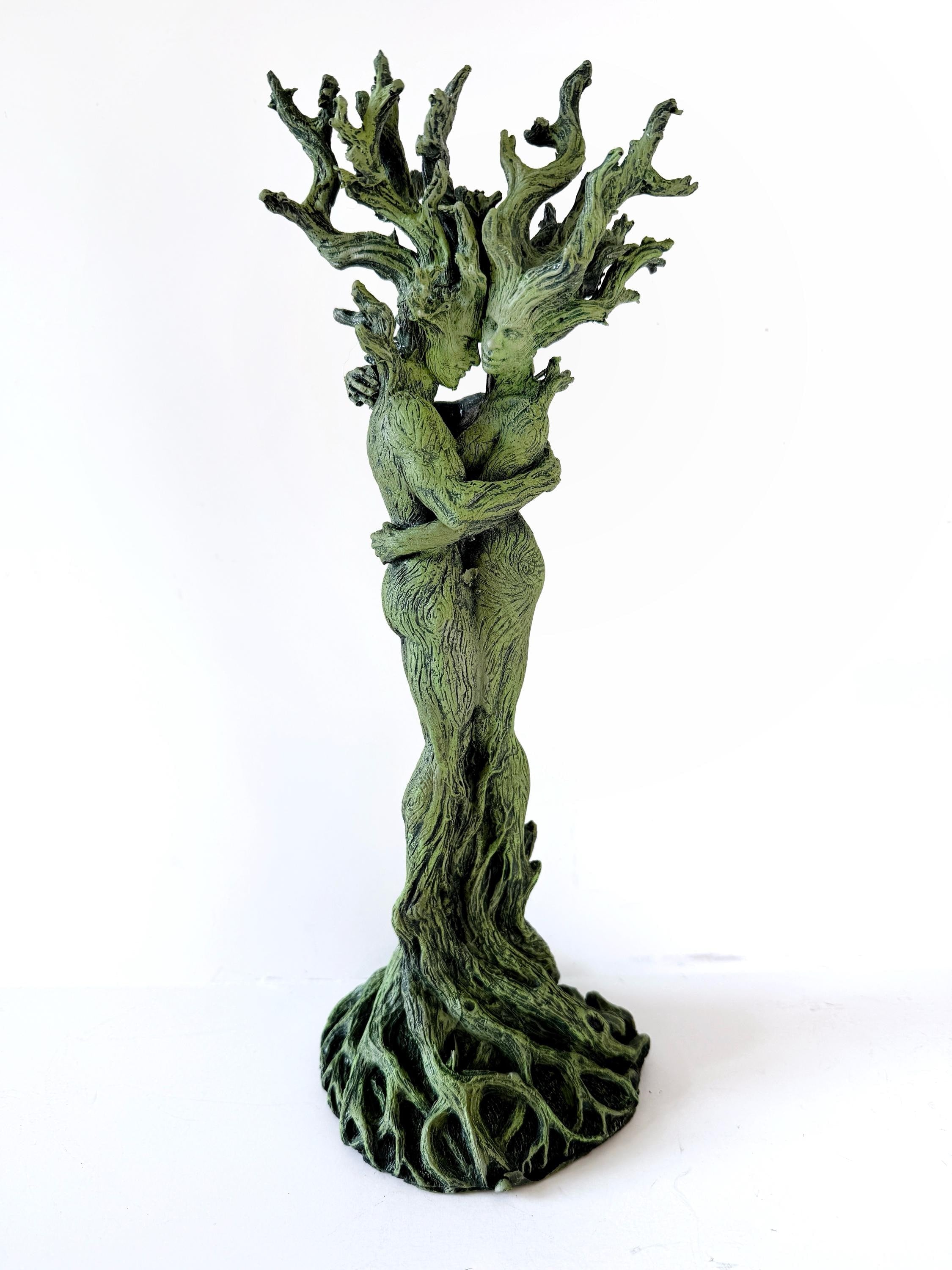 Amor Silvanus: Embracing Dryads Statue, Green Version | Mythical Forest Creature Figurine | Woodland Tree Spirit Couple, Fantasy Art Decor