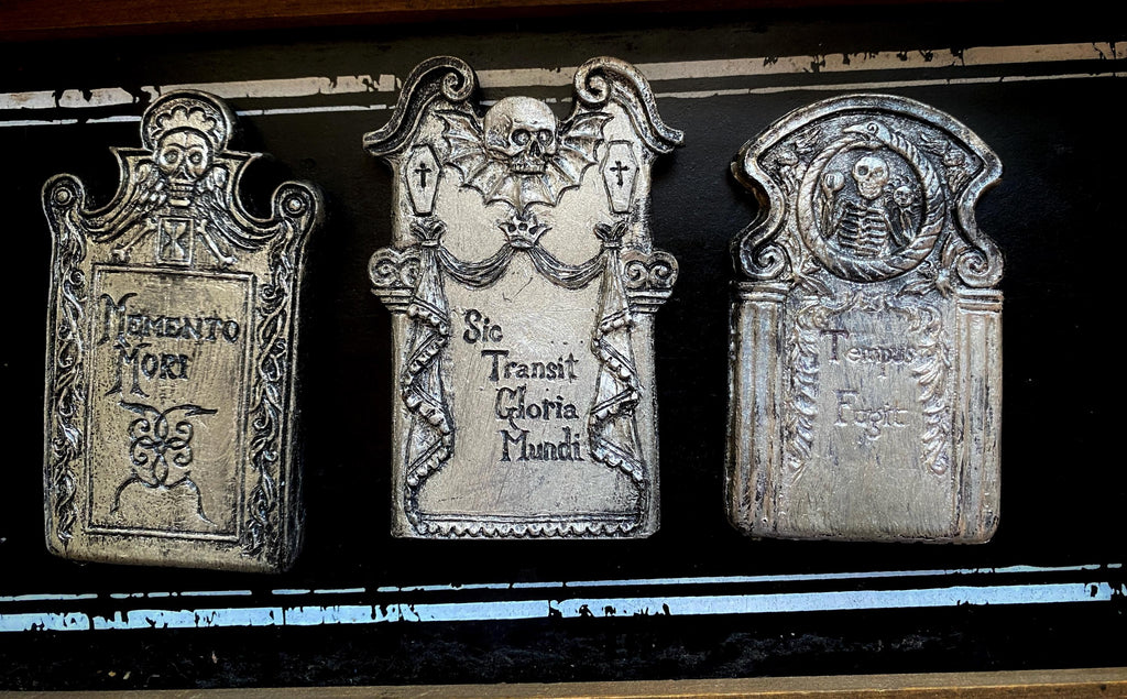 Tombstone Magnet Set of 3, Hand Painted Resin Sculpture | Gothic Fantasy Decor | Historic Gravestone Magnet for Fantasy and Gothic Decor