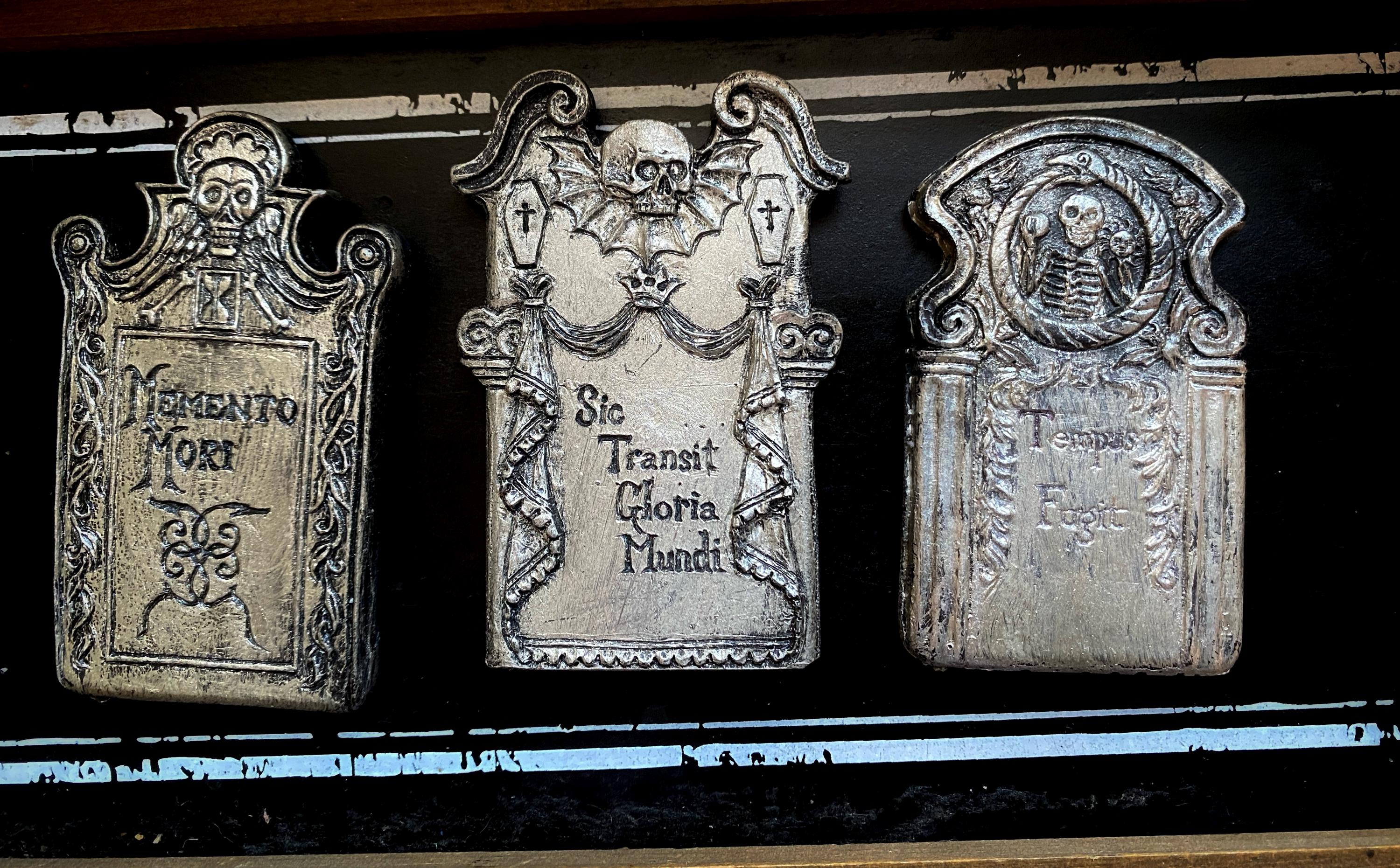 Tombstone Magnet Set of 3, Hand Painted Resin Sculpture | Gothic Fantasy Decor | Historic Gravestone Magnet for Fantasy and Gothic Decor