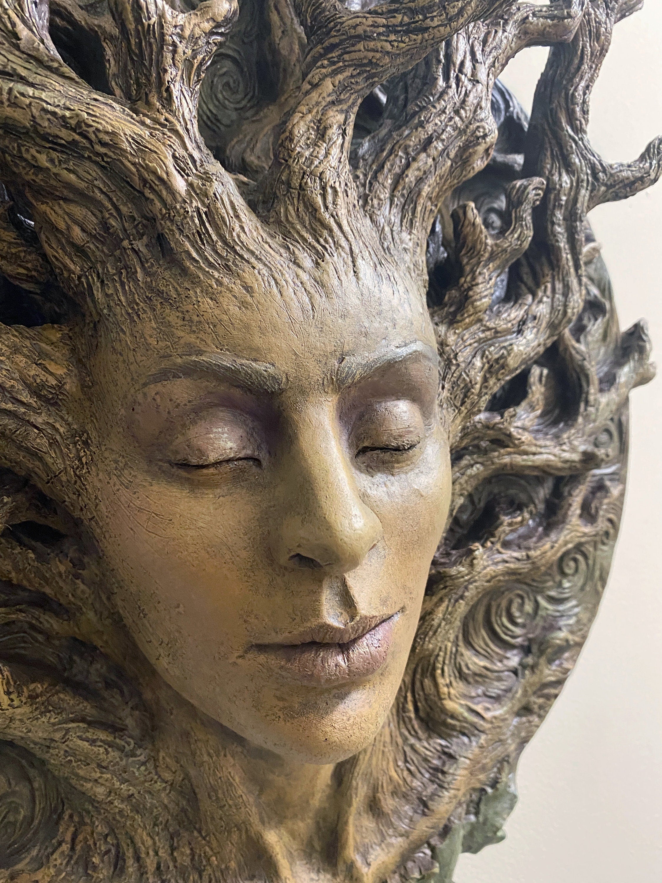 Dryad Bust, Life Sized Wall Plaque Resin Sculpture | Mythic Forest Creature Wall Art | Woodland Goddess Wall Plaque for Nature Lovers