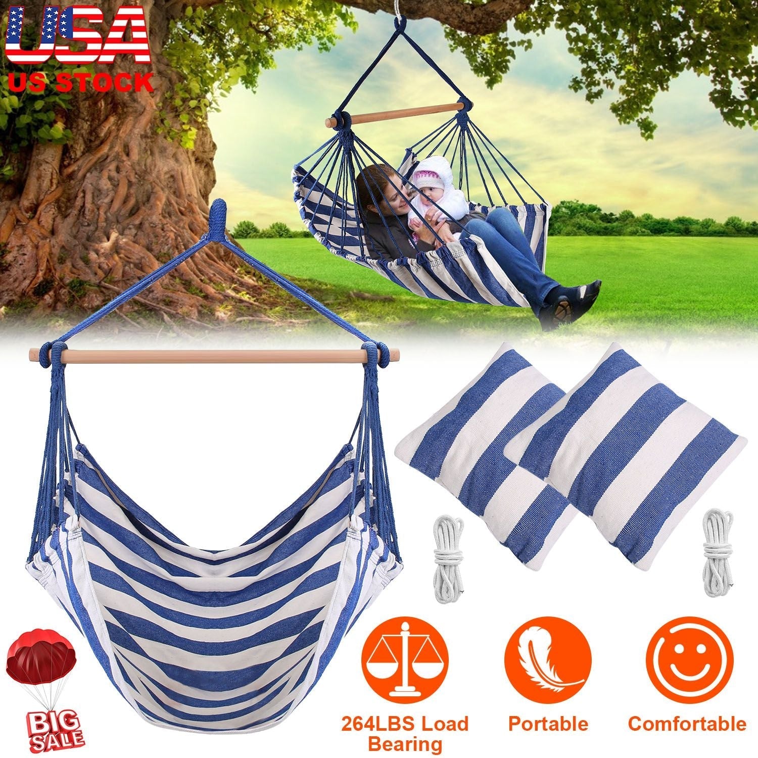 Hammock Hanging Chair Canvas Porch Patio Swing Seat Portable Camping Rope Seat Wooden Stick Hammock Chair with 2 Pillows 265LBS Load-bearing