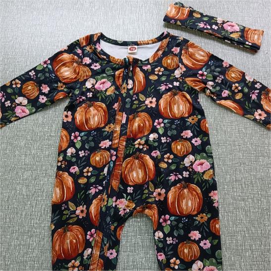 Baby Girls Footies Floral Print Ruffles Single Breasted Playsuit Headband Clothes Outfits For Girls with Bow Floral Printed
