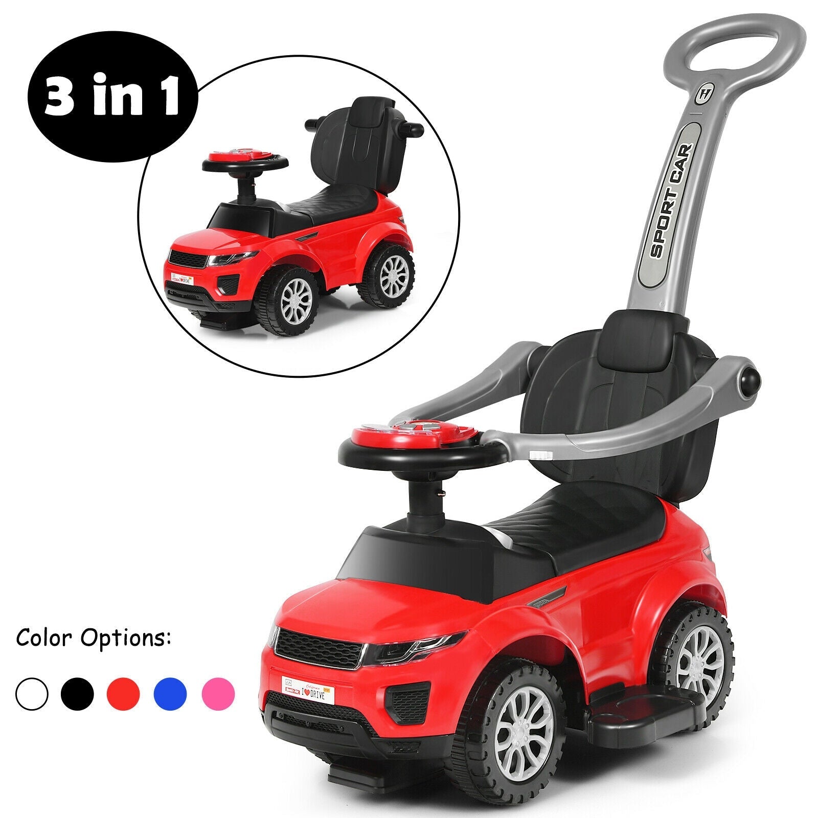 3 In 1 Ride on Push Car Toddler Stroller Sliding Car with Music-Red