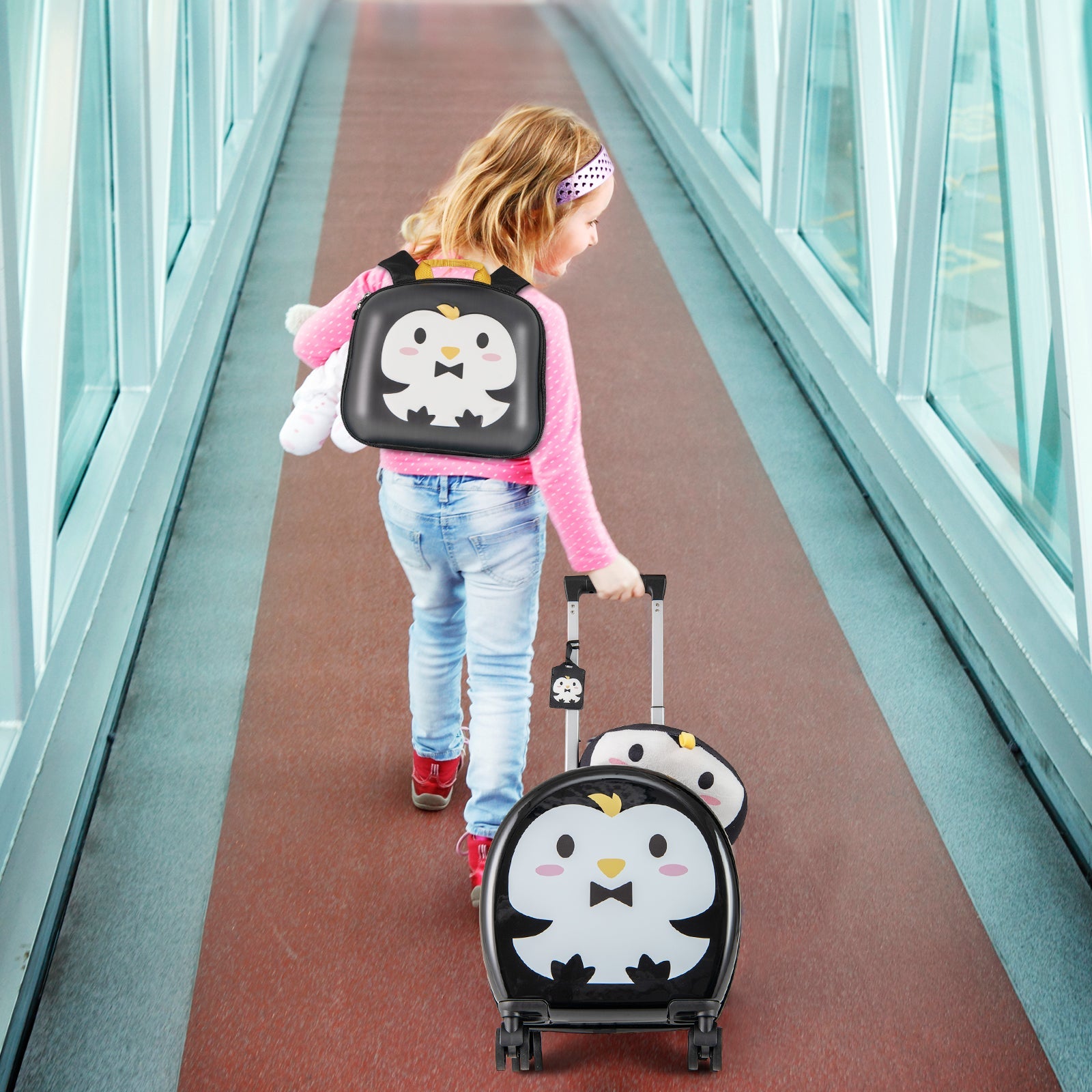 Kids Luggage Set with 14 Inches Carry-on Hardside Spinner Toddler Luggage and 10 Inches Backpack-Black
