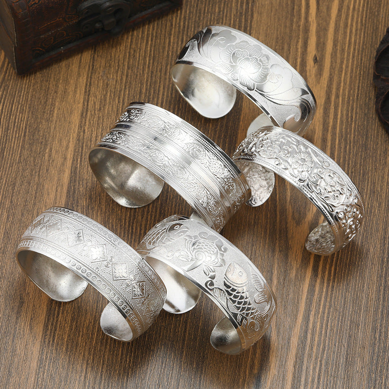 Big Elegant Luxury Amazing Classic Fashion Flower Metal Tibetan Indian Silver Vintage Retro Fashion Cuff Bracelet Bangle For Woman With Details of Animals
