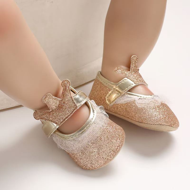 Newborn Infant Baby Girls Shoes Toddler Kids Princess Crown Glitter Design Shoes Soft Sole Anti-slip