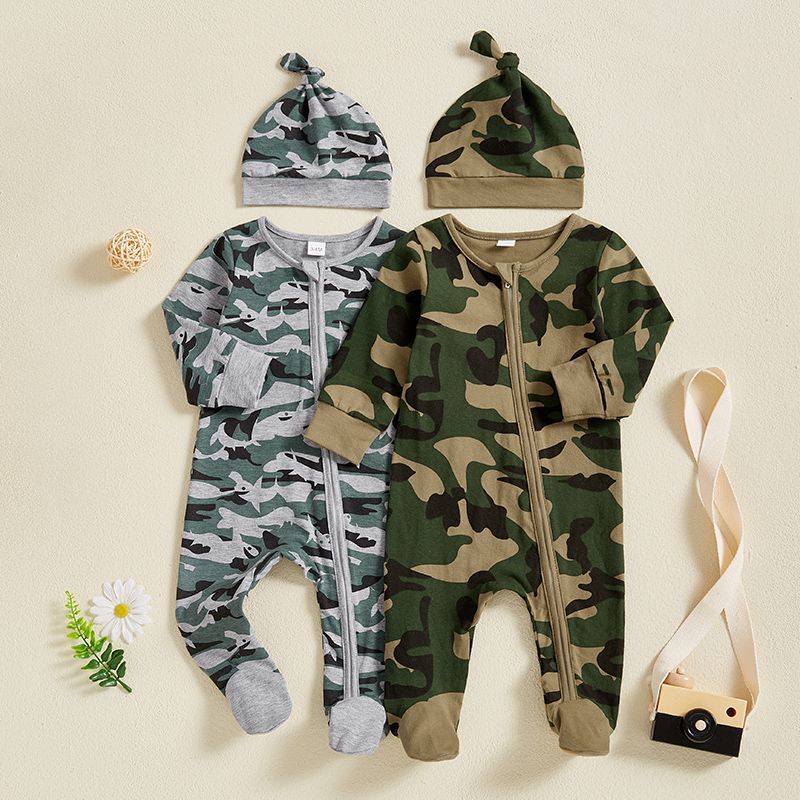 Newborn Baby Girls Boys Camouflage Military Deisgn Romper Infant Cute Zipper Casual Jumpsuit Hairband Hat Set Clothes For Girls And Boys
